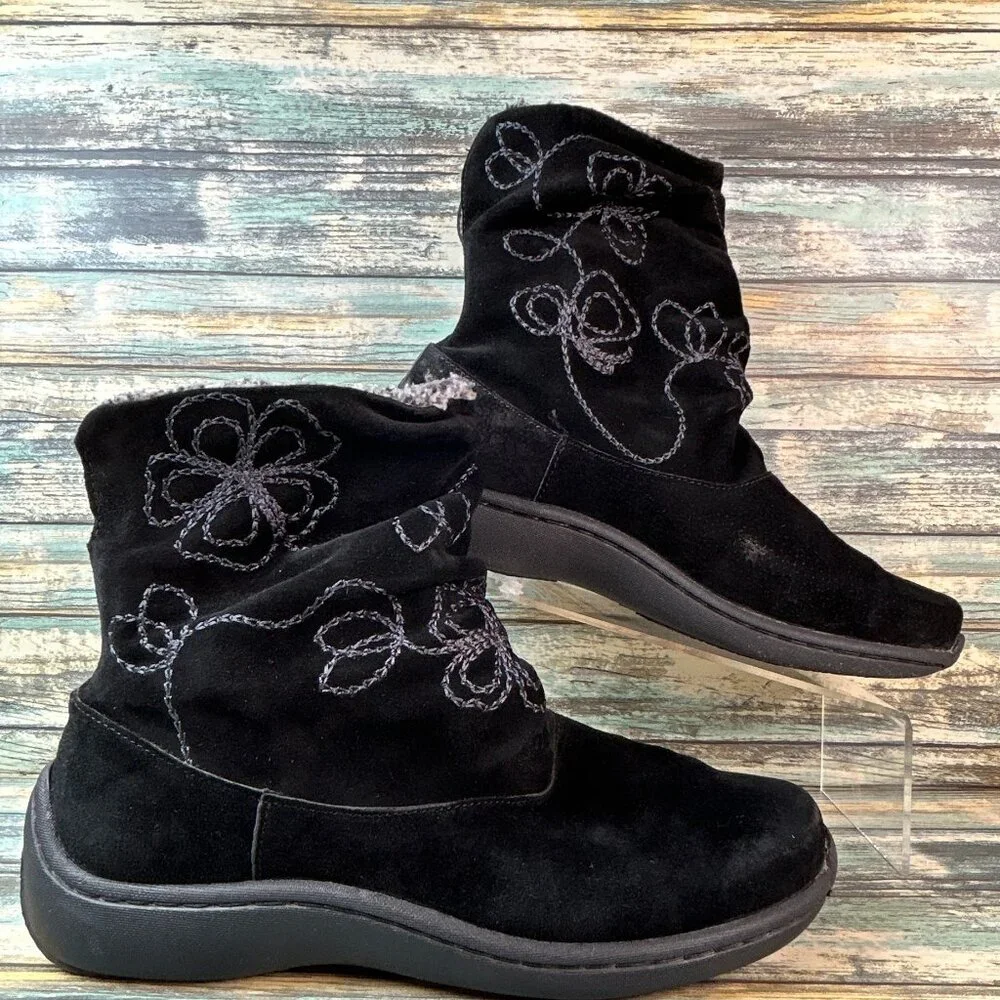 Klogs Footwear Boots Womens 8.5M Black Suede Slouch Pull On Wedge Faux Shearling